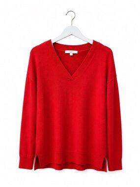 LOFT Red V-Neck Oversized Lightweight Sweater Side Slit Knit Small